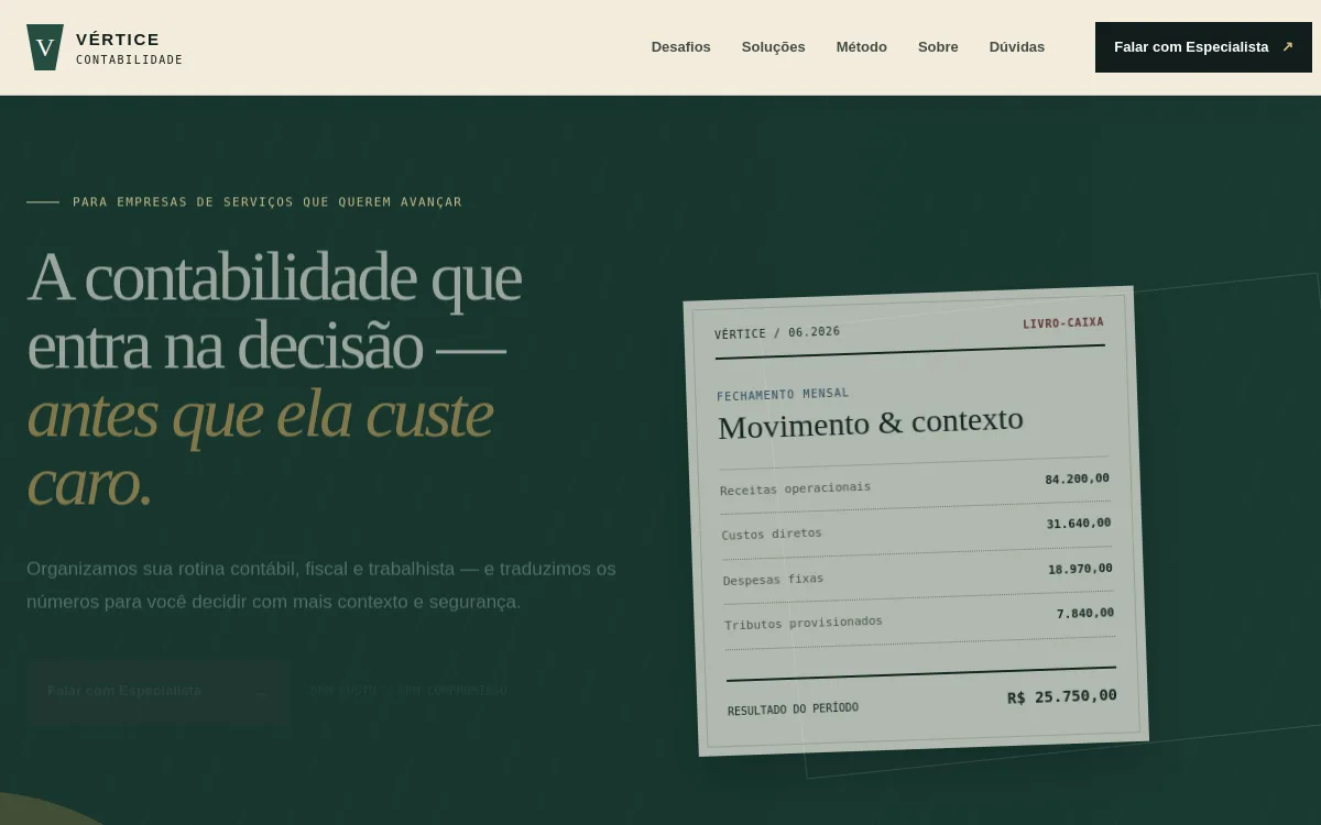 Página inicial do projeto Vértice Contabilidade